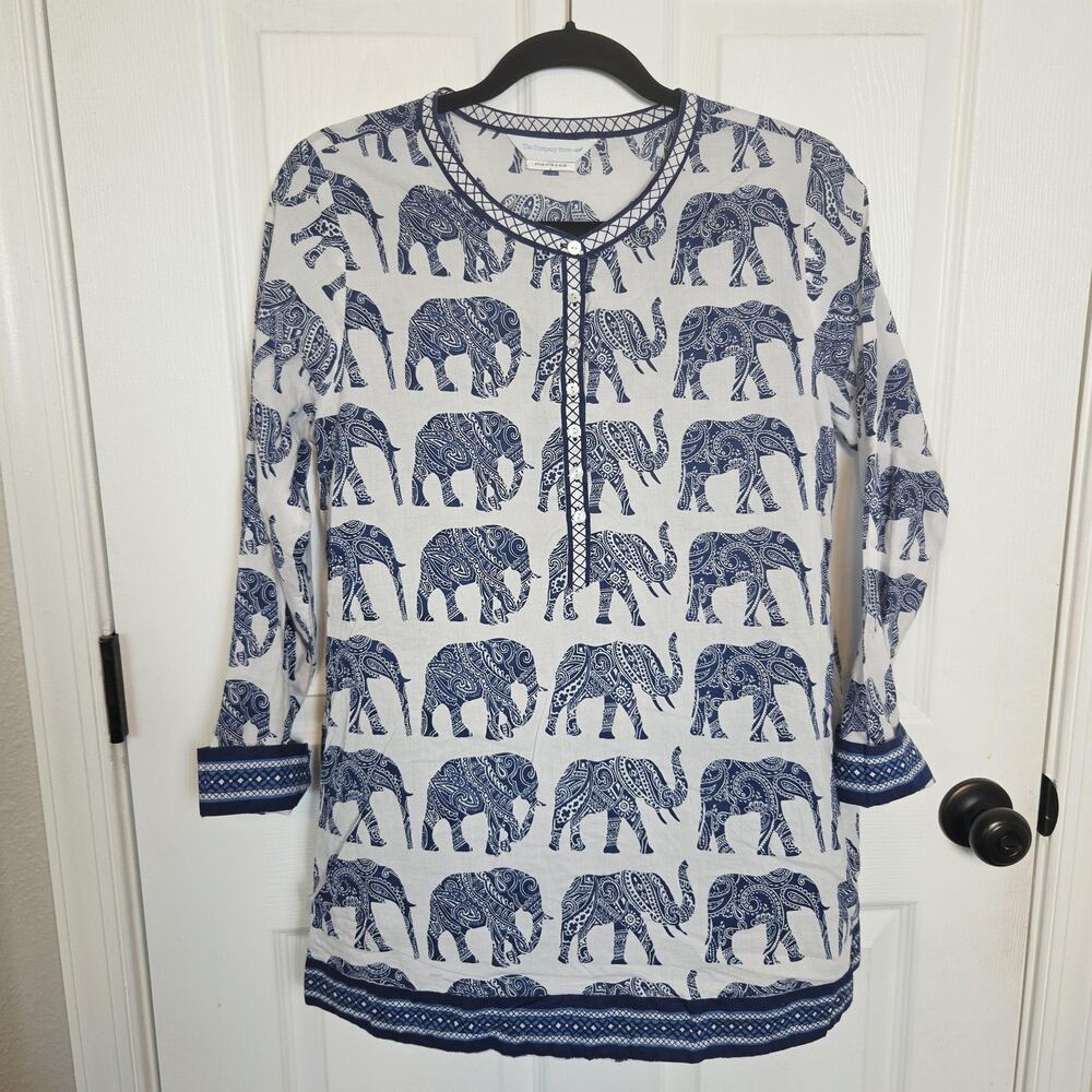 The Company Store Shirt Womens Small Blue Elephant Print Tunic Cotton Boho Top